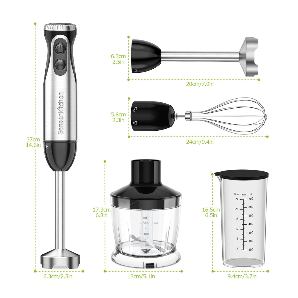 Bonsenkitchen Pürierstab, 4-en-1 Stabmixer Elektrischer, 1000W Stufenlos Geschwindigkeiten, Edelstahl, Schneebesen, 500ml Häcksler und 700ml Messbecher für Babynahrung, HB3203 (Schwarz)
