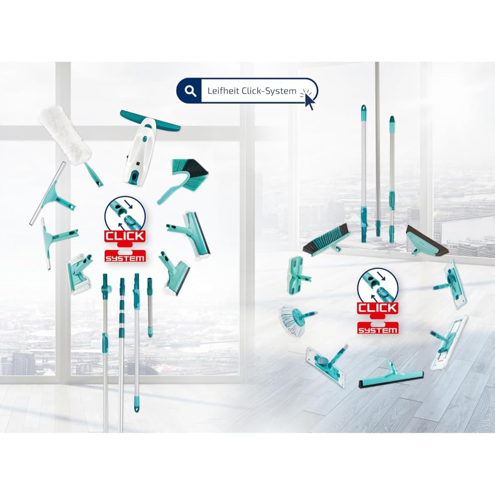 Leifheit Fenstersauger Set Dry and Clean mit 28 cm Saugdüse für 360° streifenfreie Reinigung, Fensterreiniger verwendbar bis zu 38 min, Fensterputzer mit Stand-by-Automatik und Click-System