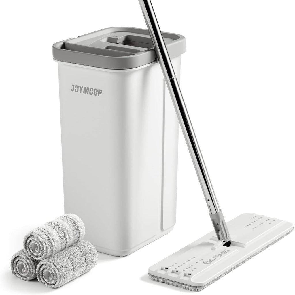 JOYMOOP Wischmopp und Eimer mit Auswringer-Set, freihändiger Flacher Bodenwischer und Eimer, mit 3 waschbaren Mikrofaser-Pads, Nass- und Trockengebrauch, Bodenreinigungssystem