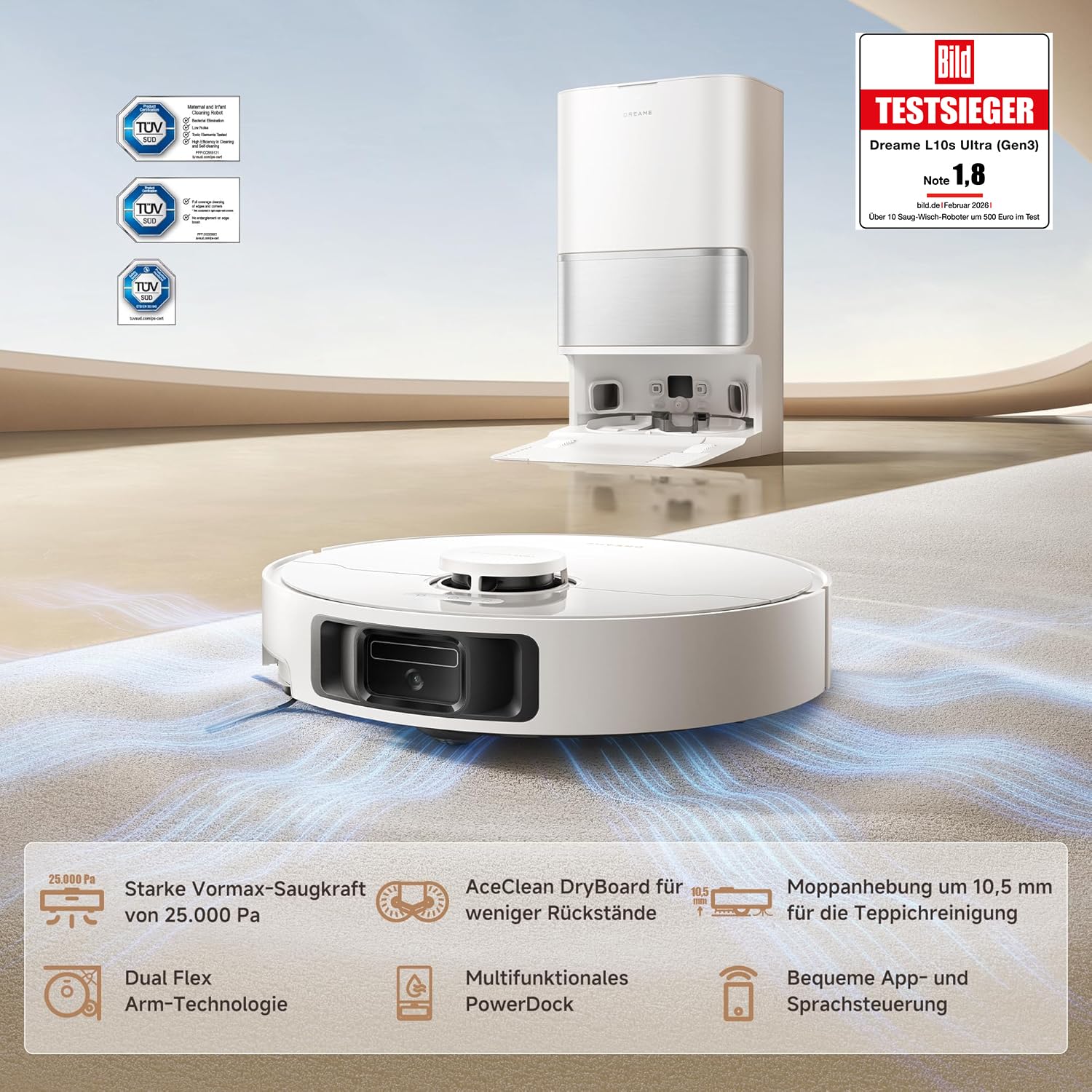 DREAME L10s Ultra Gen 3 Kit staubsauger mit wischfunktion mit einer Saugkraft von 25.000 Pa, Seitenbürste und Mopp ausfahrbar, selbstreinigende All-in-One-Dockingstation, Steuerung per App und Sprache