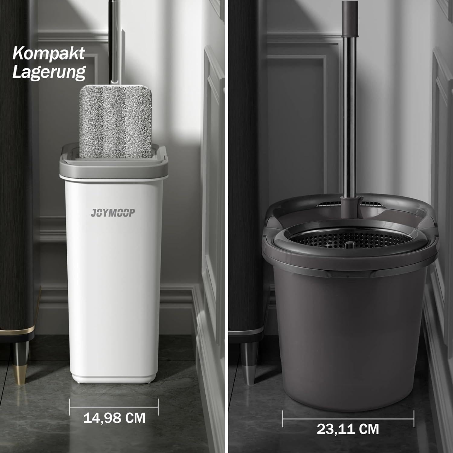 JOYMOOP Wischmopp und Eimer mit Auswringer-Set, freihändiger Flacher Bodenwischer und Eimer, mit 3 waschbaren Mikrofaser-Pads, Nass- und Trockengebrauch, Bodenreinigungssystem