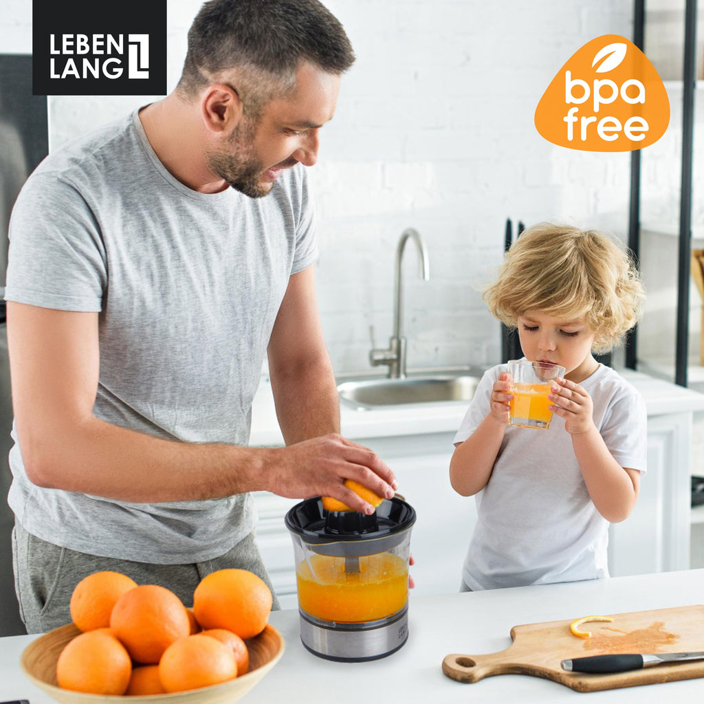 LEBENLANG Zitruspresse elektrisch - 2 Kegel & BPA-Frei I Hohe Saftausbeute I 700ml Orangenpresse elektrische Saftpresse Edelstahl für Zuhause I Entsafter Zitronenpresse Orangensaftpresse