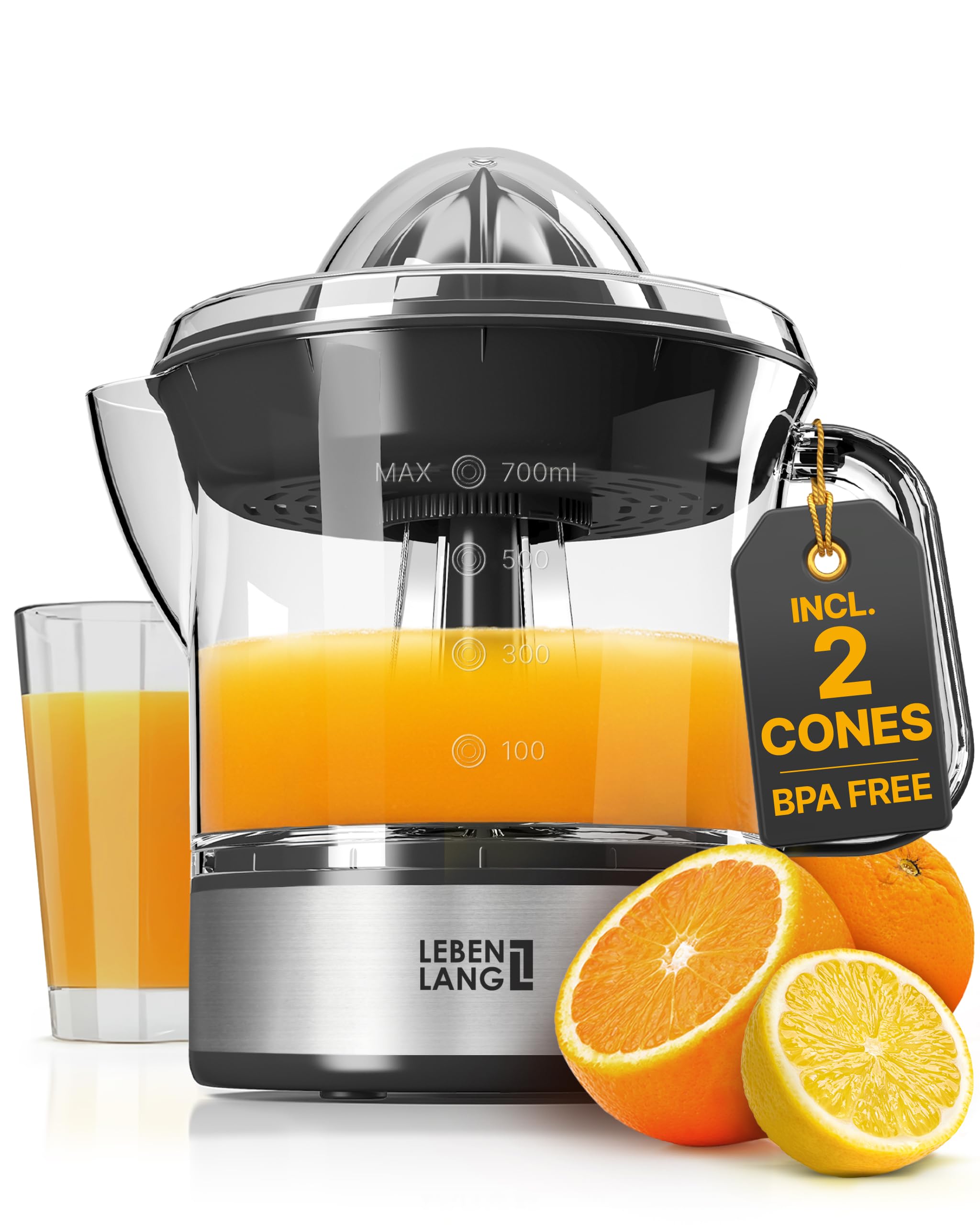 LEBENLANG Zitruspresse elektrisch - 2 Kegel & BPA-Frei I Hohe Saftausbeute I 700ml Orangenpresse elektrische Saftpresse Edelstahl für Zuhause I Entsafter Zitronenpresse Orangensaftpresse