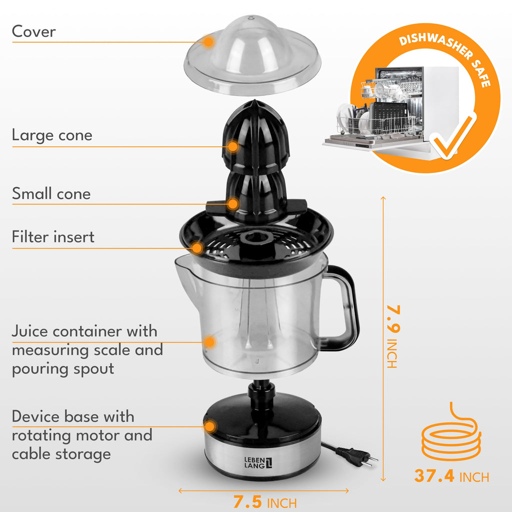 LEBENLANG Zitruspresse elektrisch - 2 Kegel & BPA-Frei I Hohe Saftausbeute I 700ml Orangenpresse elektrische Saftpresse Edelstahl für Zuhause I Entsafter Zitronenpresse Orangensaftpresse